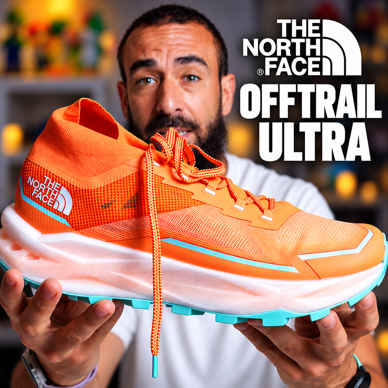 Zapatilla The North Face Offtrail Ultra naranja en primer plano, con mediasuela blanca y suela de tacos turquesa.