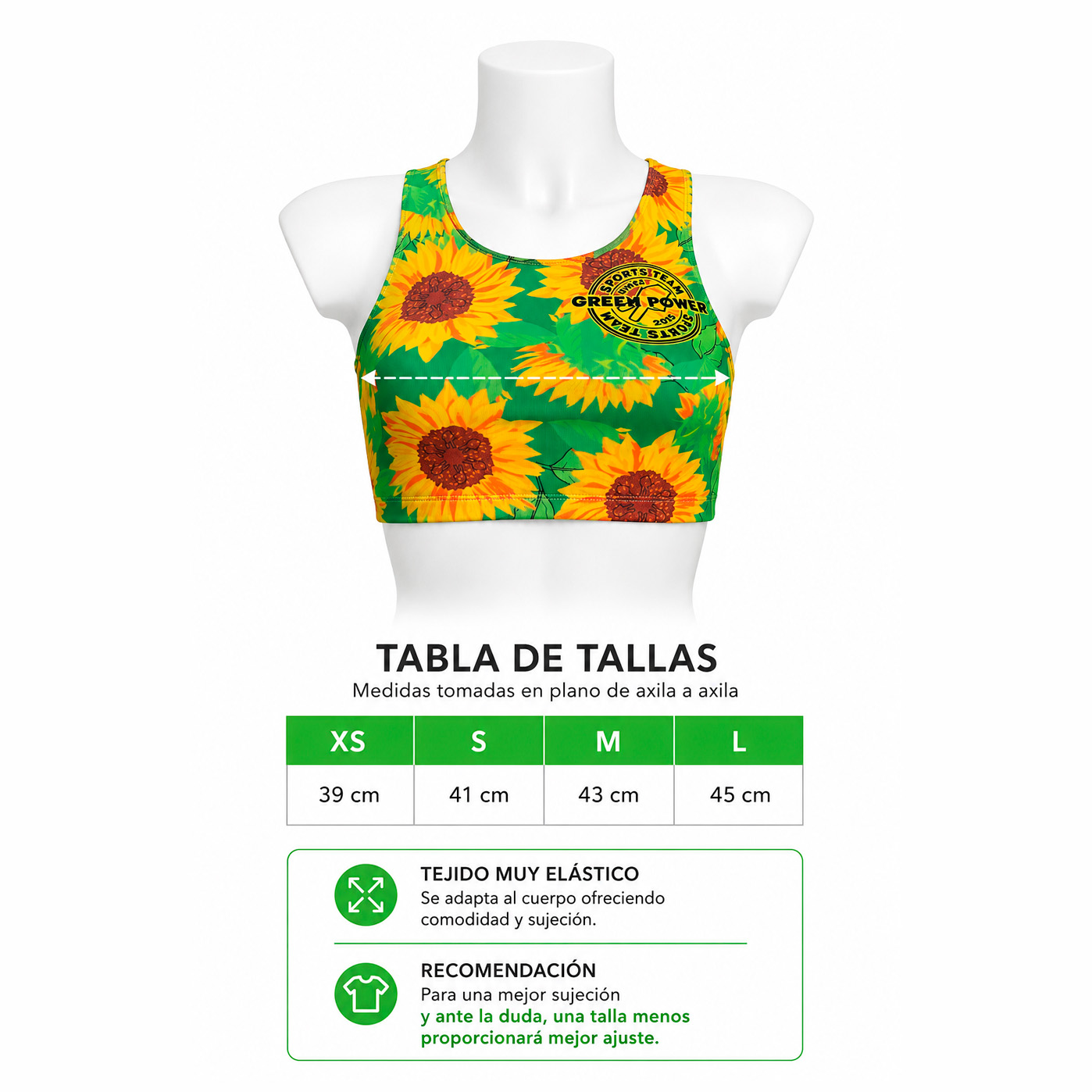 Tabla de tallas del Top Deportivo Running Mujer Green Power Girasoles con medidas de axila a axila