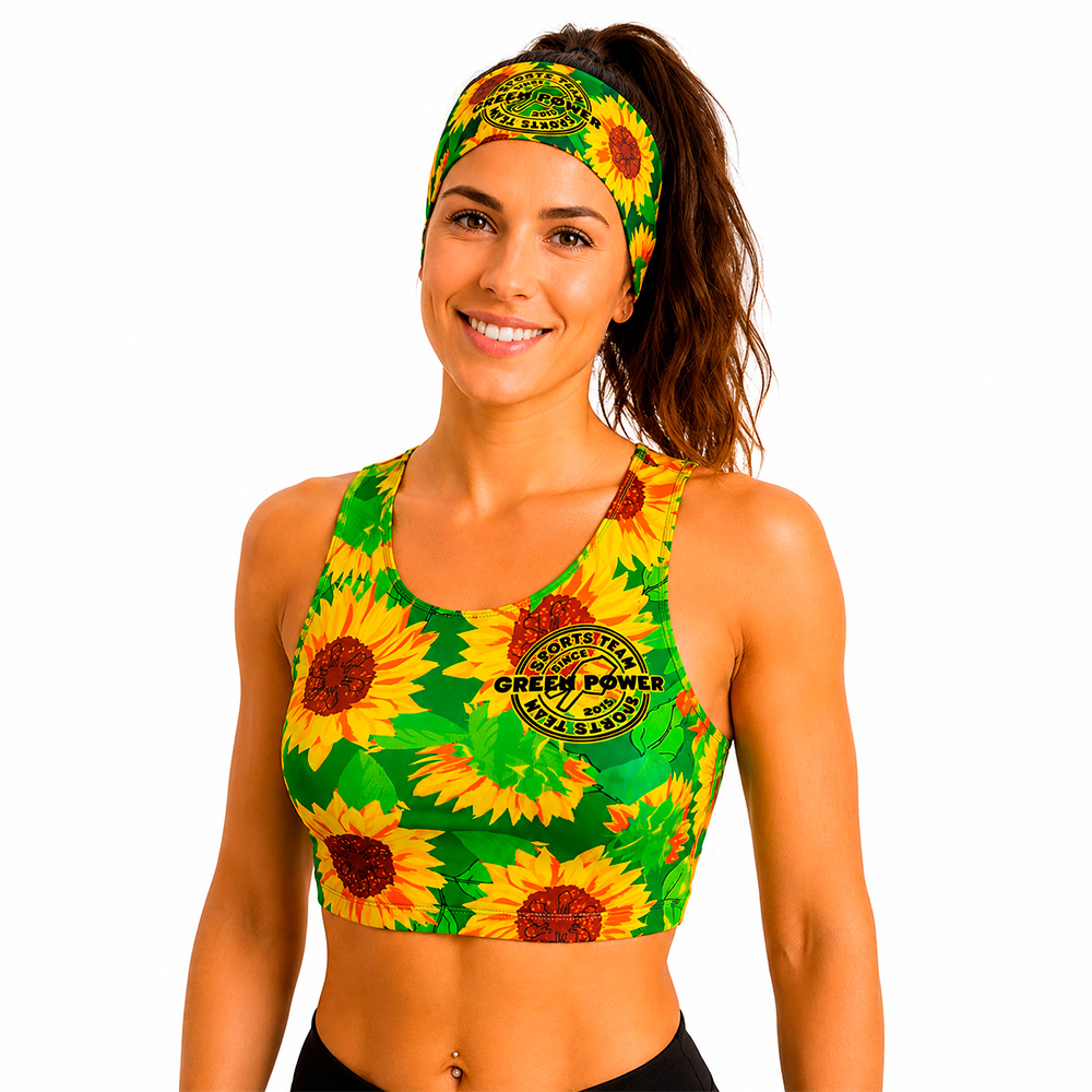 Top deportivo running mujer Green Power diseño Girasoles de espalda